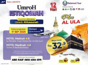 Umrah Istiqamah, Umrah Plus Al Ula , 12 hari, Btt – KUT, keberangkatan 17 September 2025